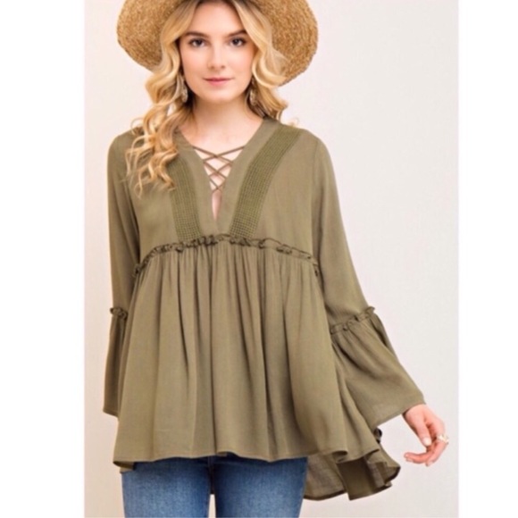 Tops - Olive Boho Empire Waist Blouse Tops - Olive Boho Empire Waist Blouse